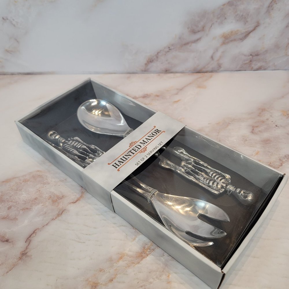 Halloween Skeleton Serving 11.5” Fork And Spoon Metal Set Haunted Manor